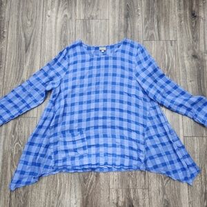 Niche Nilgun Derman Blue Gingham Check Oversized Lagenlook Top Size Large